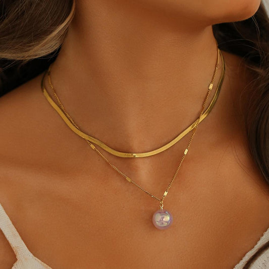 Simple colorful mermaid pearl stainless steel necklace women's light luxury snake bone chain titanium steel collarbone chain necklace