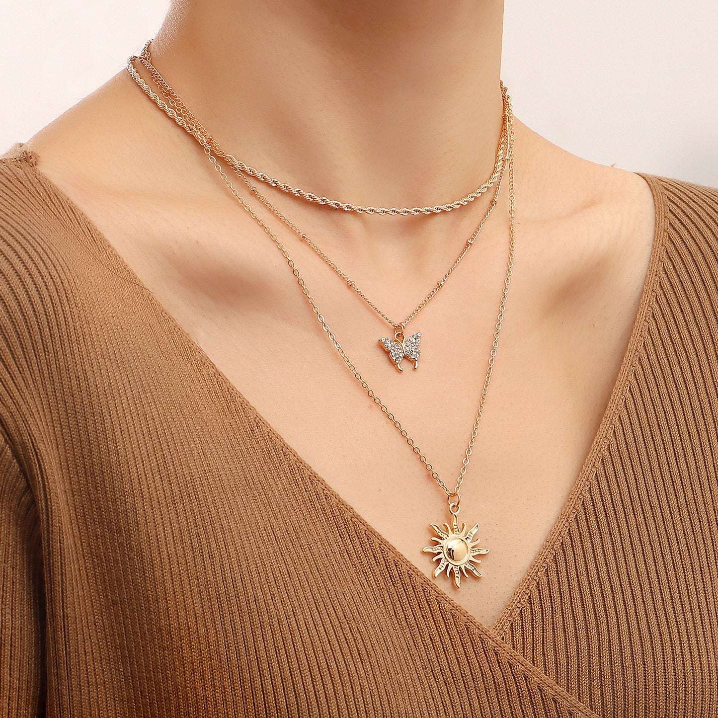 Jewelry trend double-layer micro-inlaid diamond butterfly sun pendant necklace female ins metal pendant