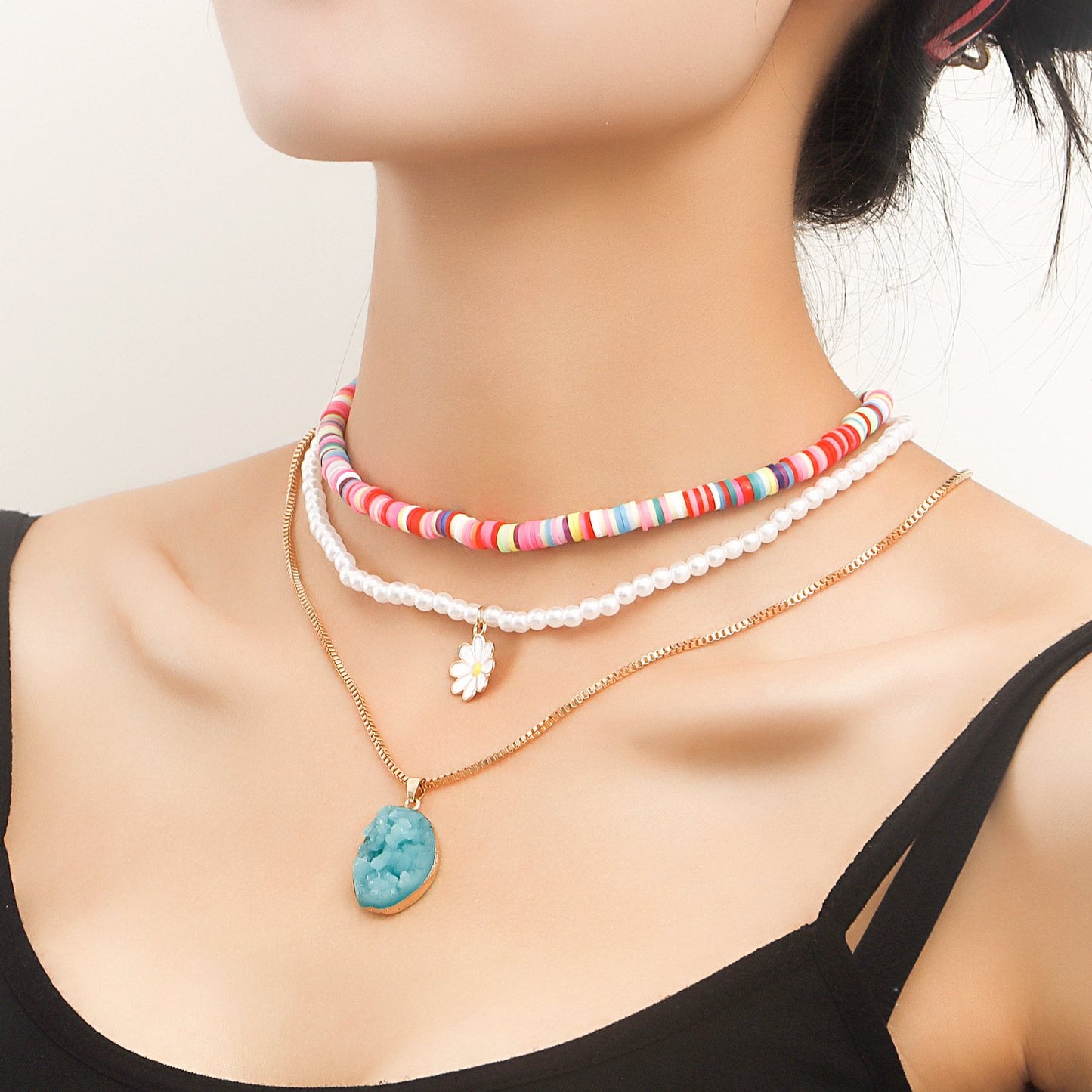 Jewelry Bohemian multi-layer color soft pottery imitation pearl female necklace ins niche design