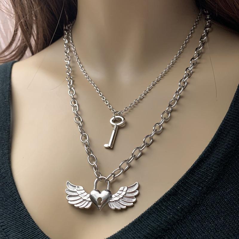 Temperament necklace female cross chain love lock wing pendant necklace double-layer fashion street shooting accessories