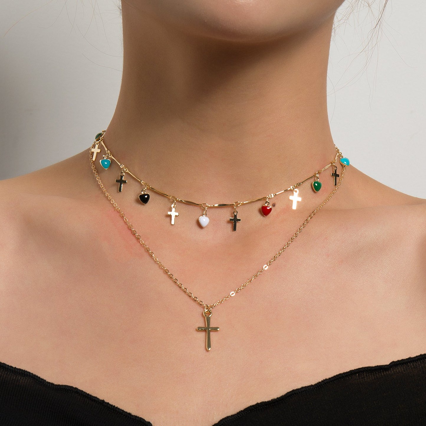 Jewelry Fashion Simple Cross Pendant Female Drop Glaze Heart Colorful Gemstone Tassel Necklace