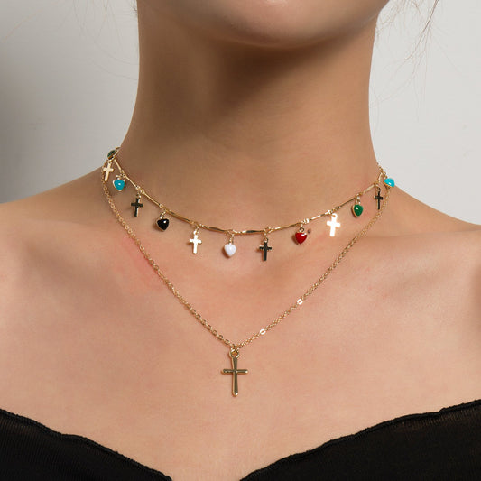 Jewelry Fashion Simple Cross Pendant Female Drop Glaze Heart Colorful Gemstone Tassel Necklace