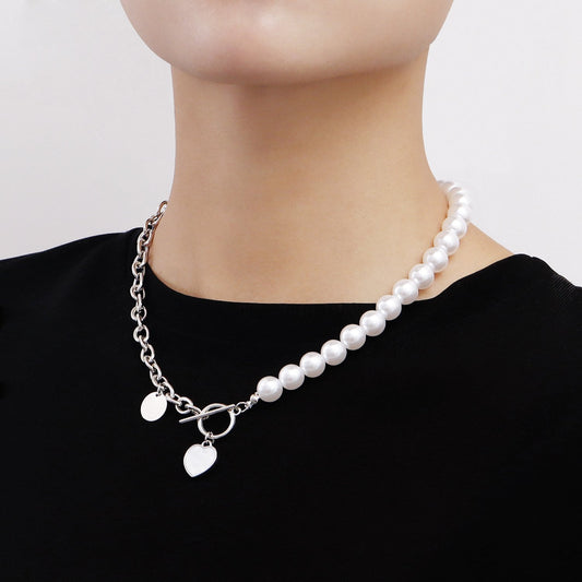 Jewelry love mother-of-pearl pendant imitation pearl beaded necklace female ins niche high-end sweater chain