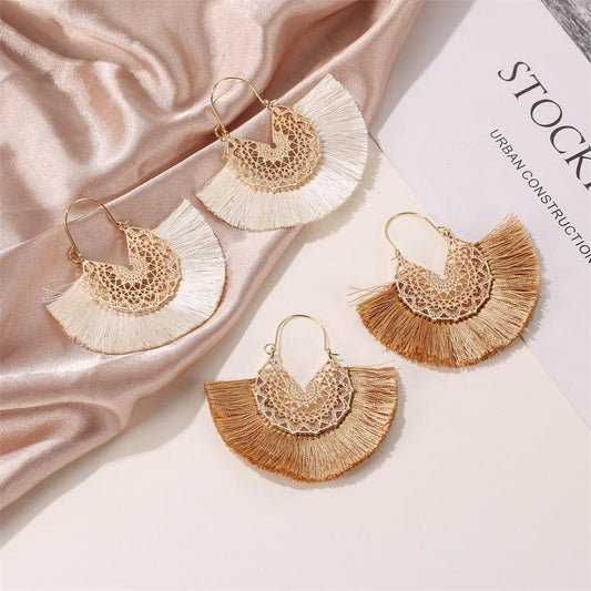 Ethnic tassel earrings retro exaggerated fan-shaped lace pattern earrings earrings earrings