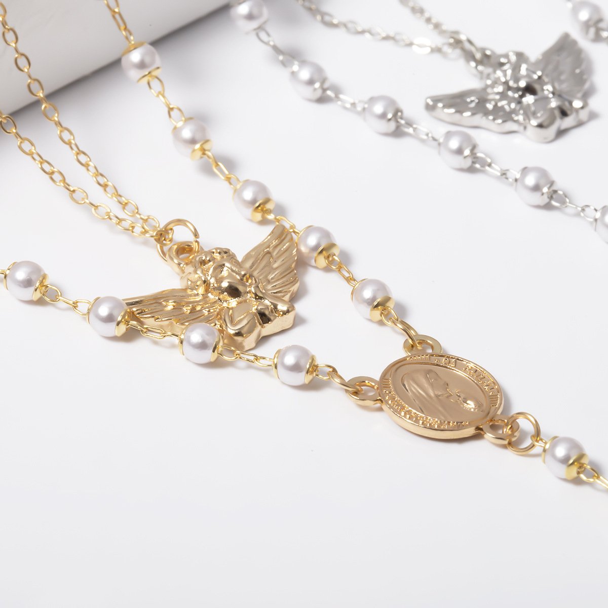 Jewelry Retro Little Angel Geometric Necklace Temperament Imitation Pearl Y-shaped Cross Tassel Necklace