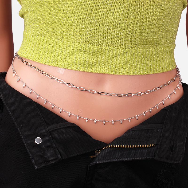 Jewelry small fragrance temperament imitation pearl waist chain retro multi-layer chain geometric body chain