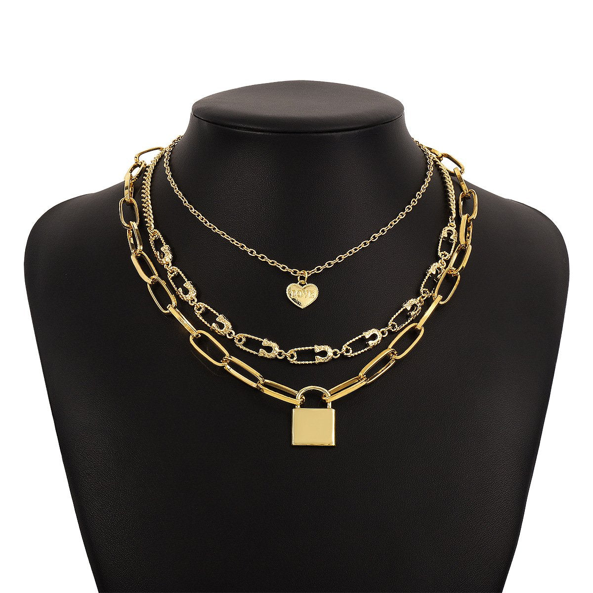 N1565 Fashion Exaggerated Lock Necklace Heart LOVE Pin Creative Choker Retro Hip Hop Necklace