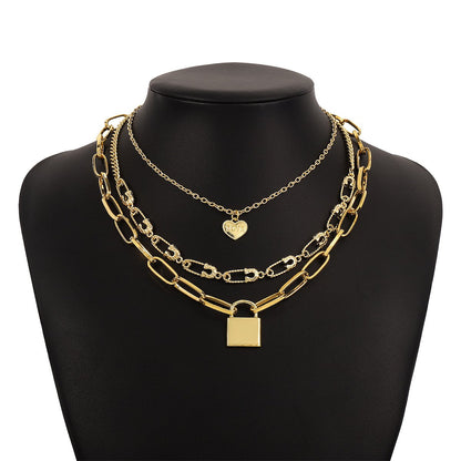 N1565 Fashion Exaggerated Lock Necklace Heart LOVE Pin Creative Choker Retro Hip Hop Necklace