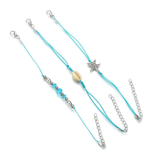 Anklet Creative Bohemian Starfish Shell Blue Bead Anklet Set Three-piece Set