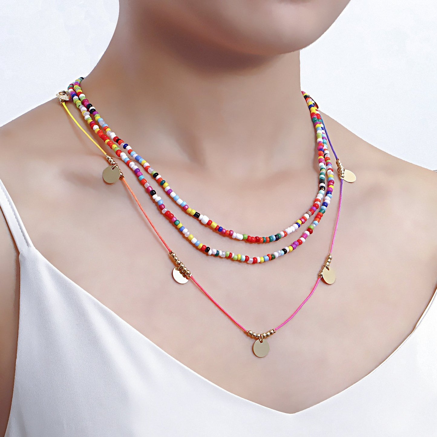 Jewelry bohemian color rice bead disc necklace female niche design ins beaded necklace