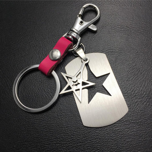 Five-pointed star double-layer titanium steel cowhide key chain stainless steel pendant men's waist hanging ladies bag pendant