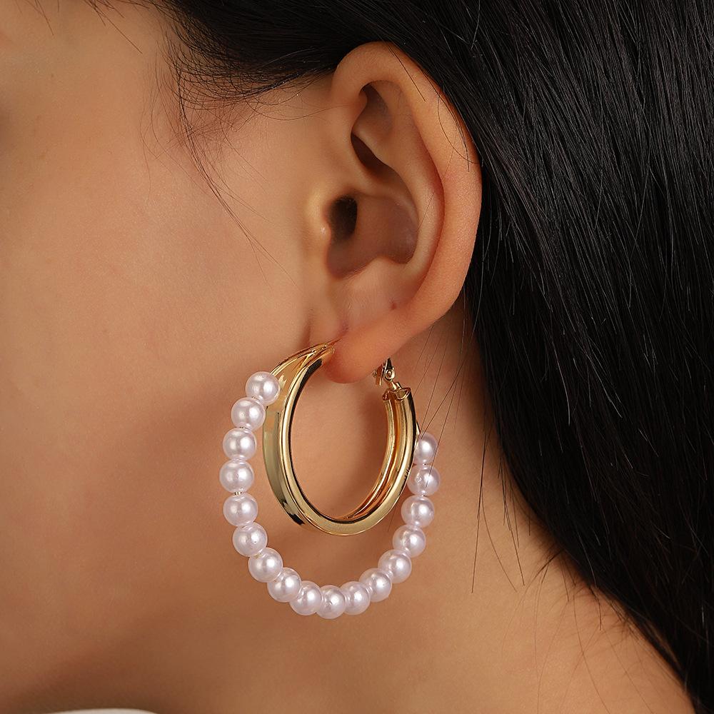 Pearl circle earrings female ins fashion exaggerated personality metal geometric large earrings temperament earrings