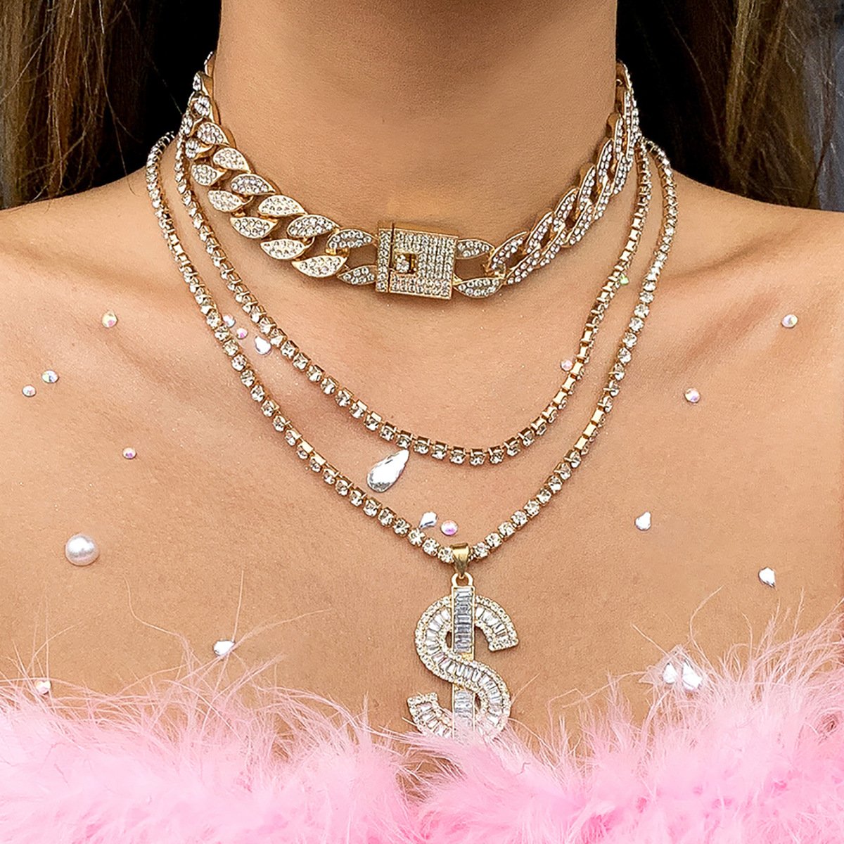 Jewelry hip-hop heavy industry full diamond Cuban chain necklace retro diamond dollar pendant set necklace