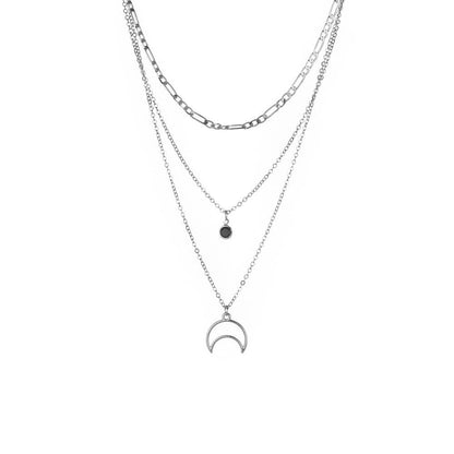 Fashion Retro Alloy Moon Black Bezel Diamond Pendant Necklace Multilayer Chain Clavicle Chain Jewelry