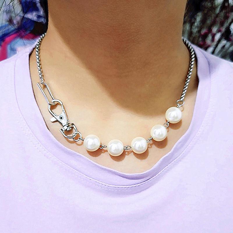 Jewelry Punk Hip Hop Keychain Clavicle Chain Necklace Fashion Trend Imitation Pearl Stitching Necklace
