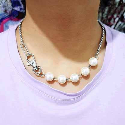 Jewelry Punk Hip Hop Keychain Clavicle Chain Necklace Fashion Trend Imitation Pearl Stitching Necklace