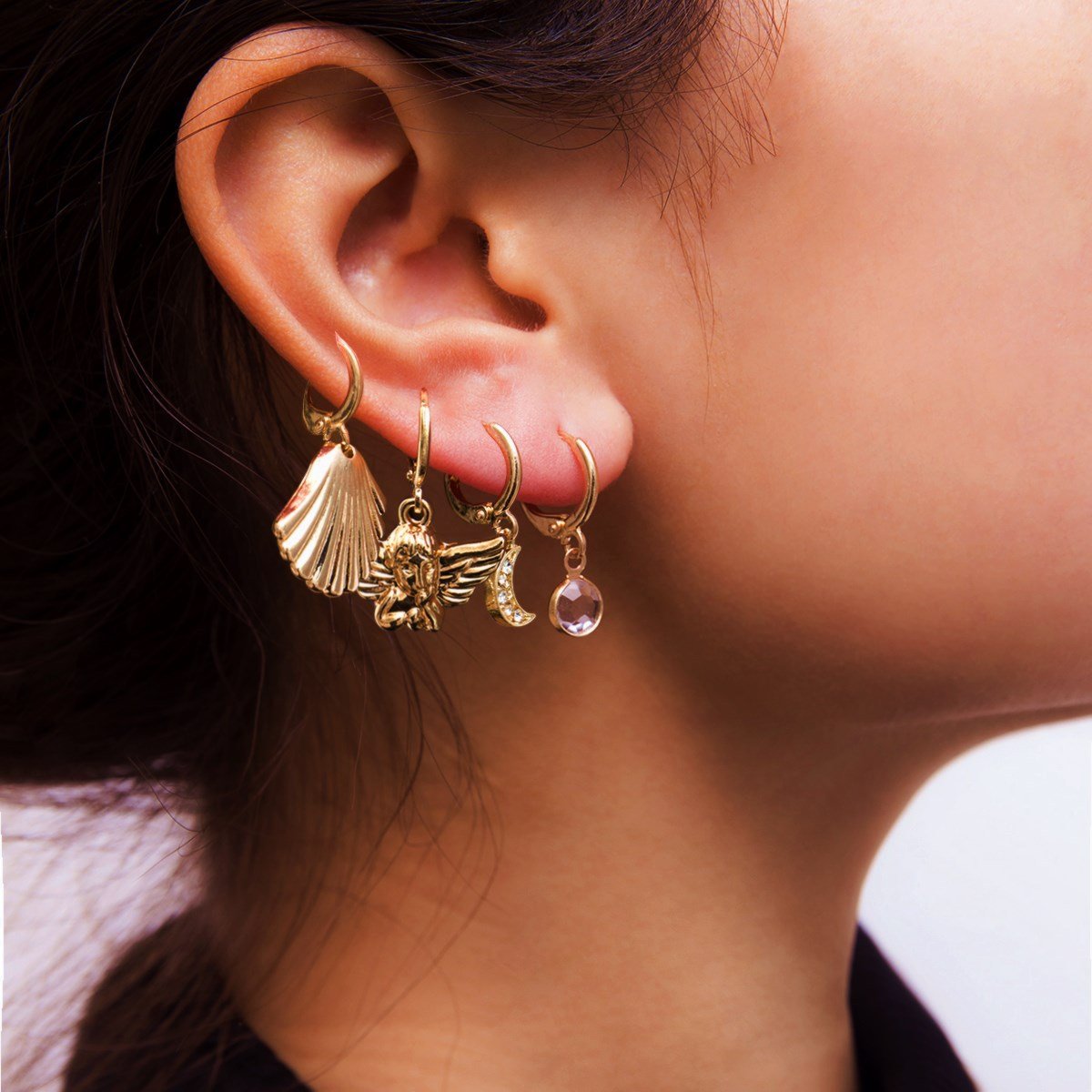 Jewelry Simple and Versatile Alloy Shell Earrings Feminine Hollow Star Diamond Moon Earrings