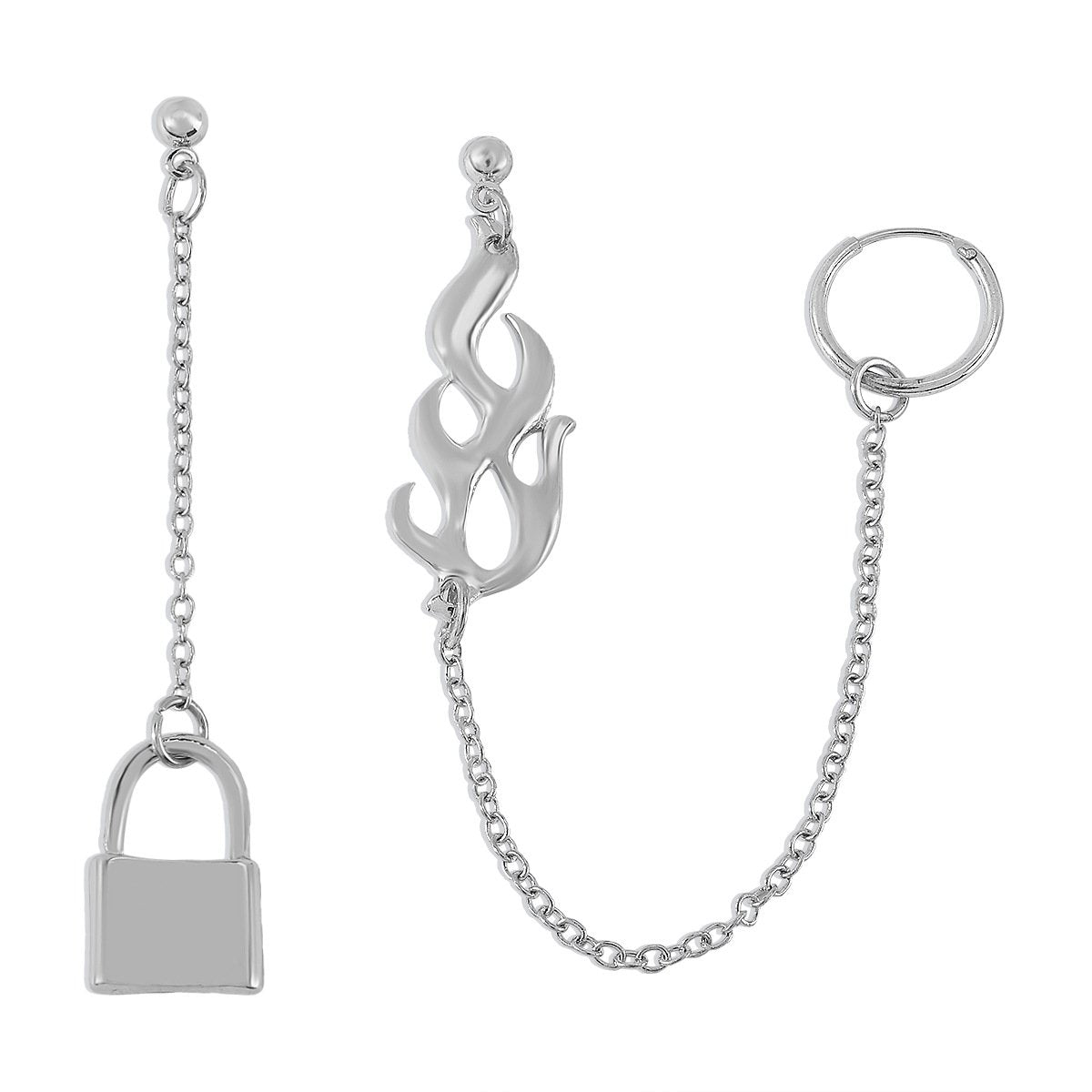 E1431 Light Luxury Geometric Asymmetrical Earrings Long Chain Lock Flame Element Sweet Cool Earrings For Women