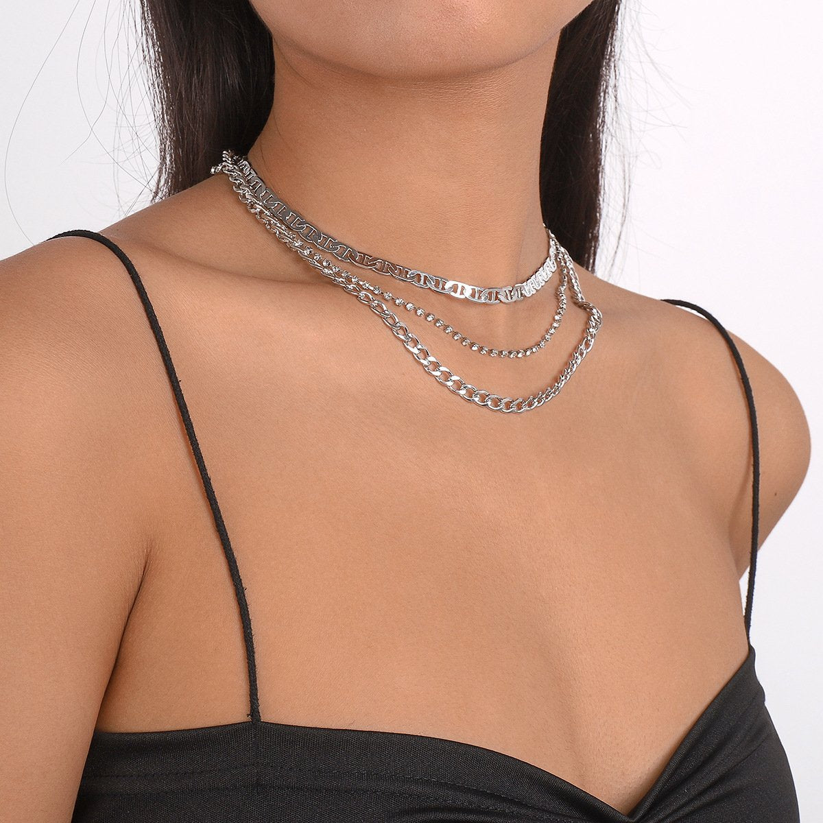 1675 Retro Stacked Hip-Hop Multilayer Necklace Exaggerated Metal Sweet Cool Street Shot Geometric Rhinestone Necklace