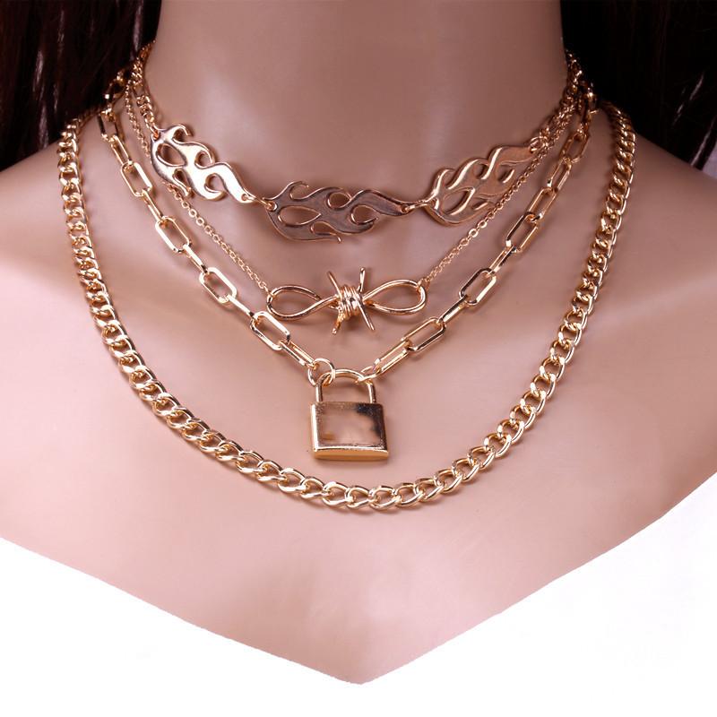 Jewelry Punk Hip Hop Knotted Chain Flame Necklace Fashion Alloy Lock Pendant Necklace Women