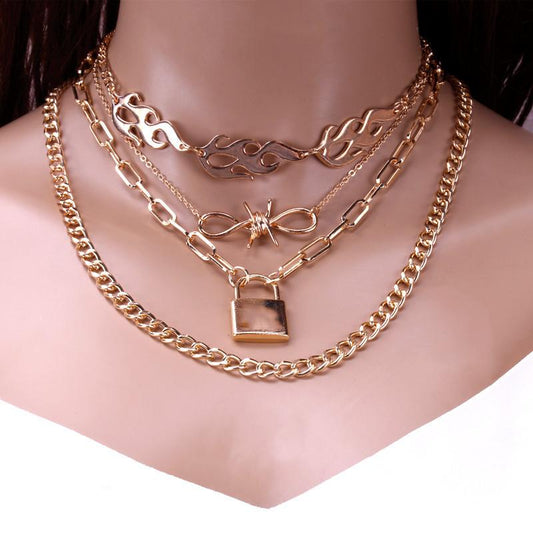 Jewelry Punk Hip Hop Knotted Chain Flame Necklace Fashion Alloy Lock Pendant Necklace Women