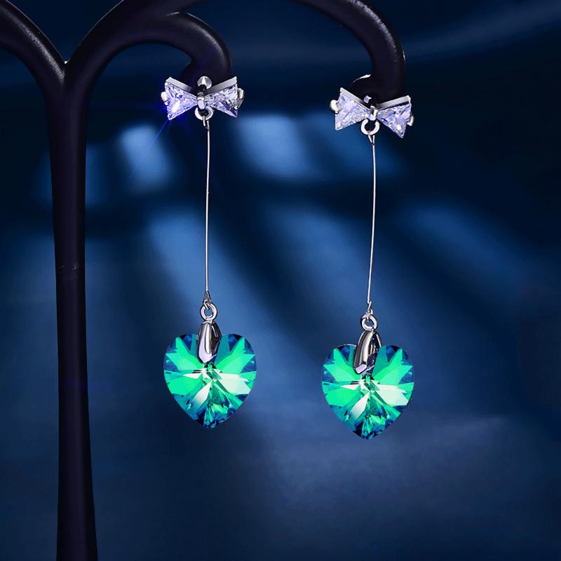 Fashion Ladies Long Color Crystal Diamond Heart Shape Pendant Stud Earrings Bow Knot Earrings Jewelry