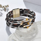 Leopard Print Beaded Alloy Magnet Buckle Leather Bracelet Fashion Frosty Style