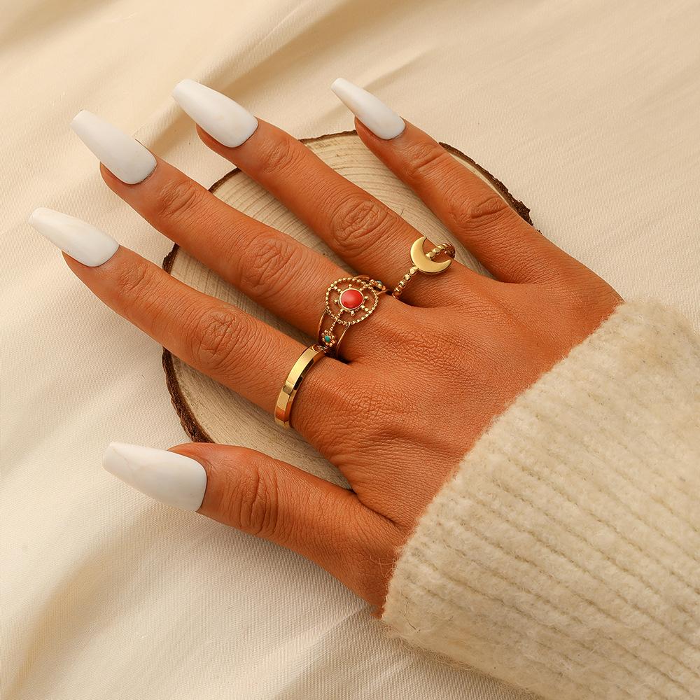 Fashion niche light luxury all-match stainless steel golden moon sun dripping oil ring set for women