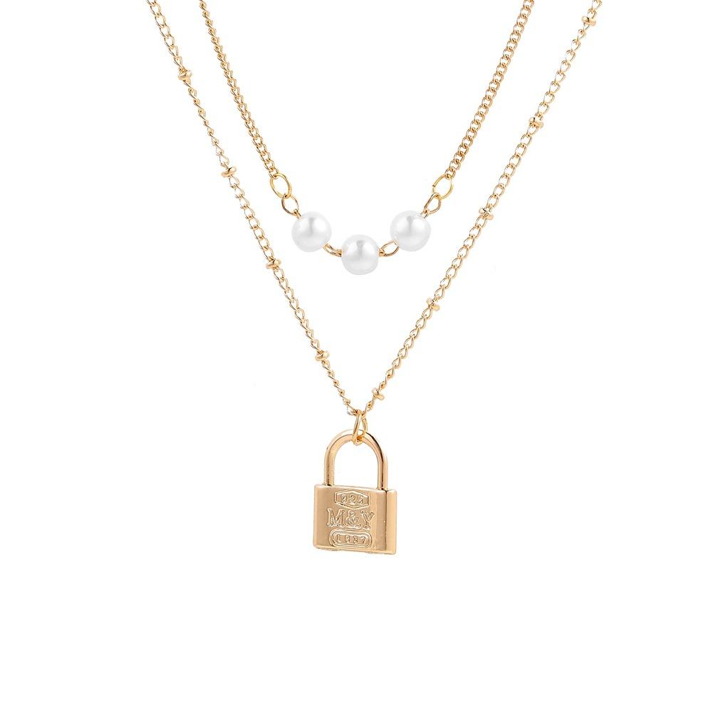Dongdaemun Simple and Versatile Temperament Pearl Necklace Personality Metal Lock Pendant Fashion Niche Double Layer Necklace