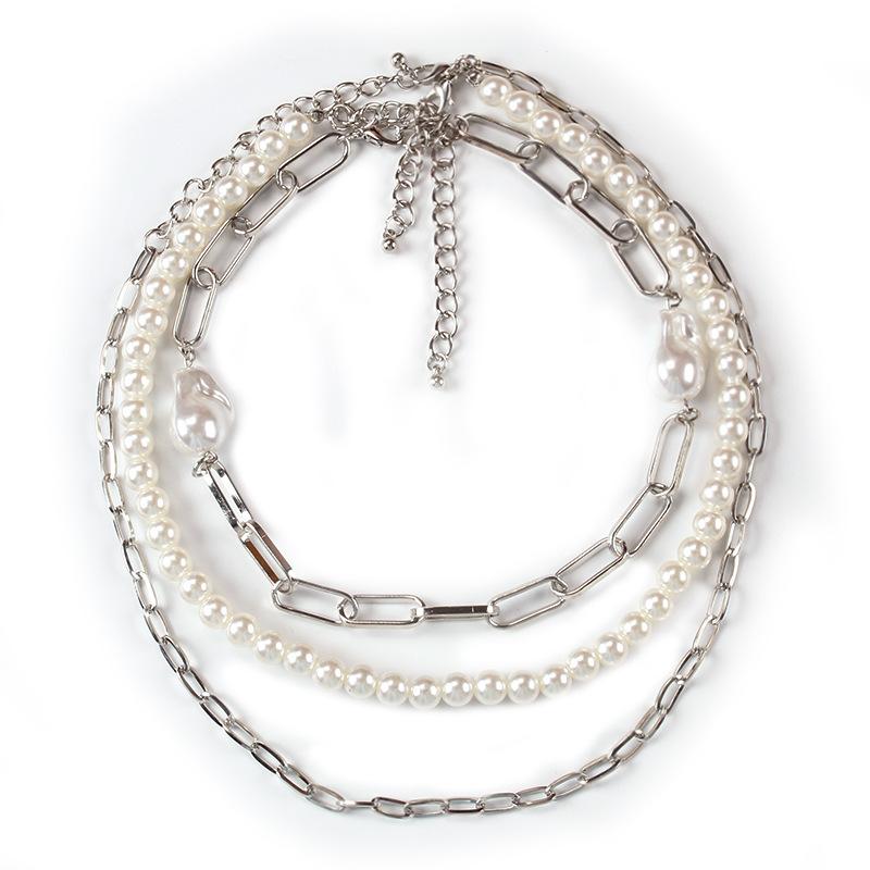 Fashionable retro multi-layer socket whip chain necklace trend multi-layer heterosexual pearl necklace three-piece set