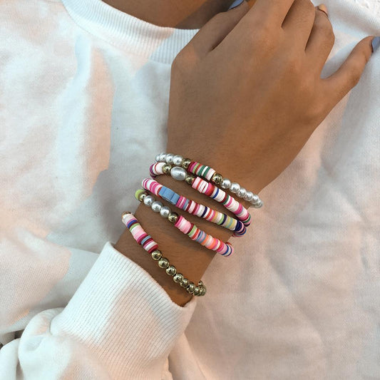 B1398 Bohemia Ethnic Soft Pottery Bracelet Retro Simple Fashion Pearl Jewelry 5-Piece Set for Women