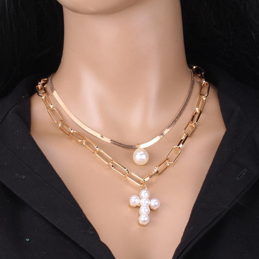 Jewelry Double Pearl Cross Necklace Trend Retro Ins Simple Snake Chain Sweater Chain Female