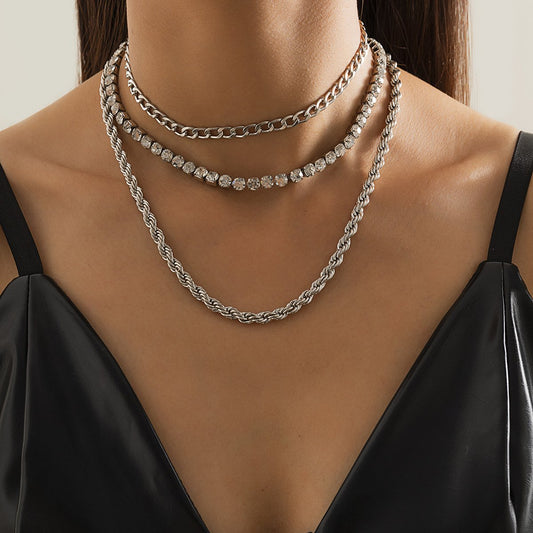 Retro Simple Diamond Claw Chain Drill Clavicle Necklace Hip Hop Trendy Cool Metal Twist Chain Necklace