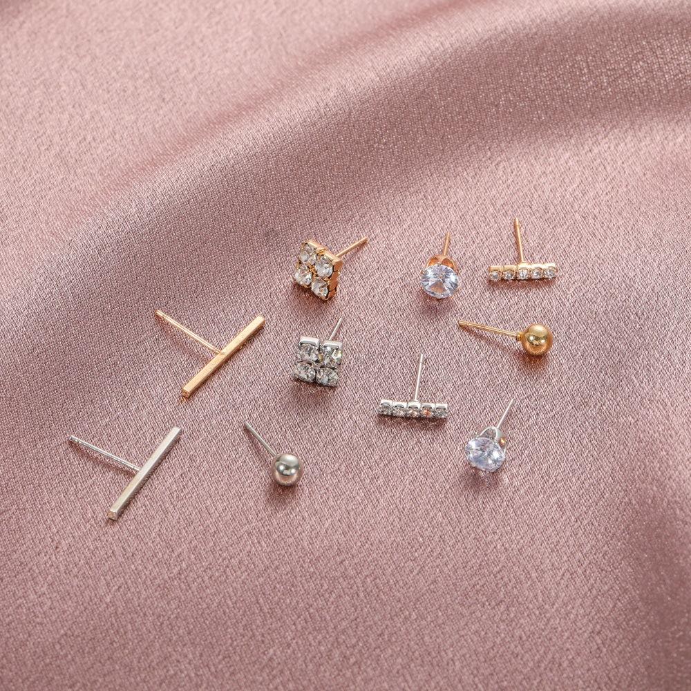 Fashionable Diamond Geometric Stud Earrings Set Niche Design Personality Internet Celebrity Trendy Earrings Five-piece Set Female