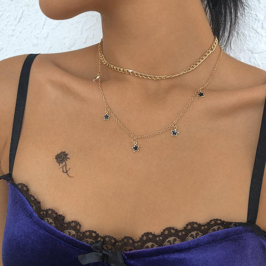 N9267 Double Pentagram Necklace Geometric Drip Oil Elegant Necklace Metal Texture Fashion Clavicle Chain Women