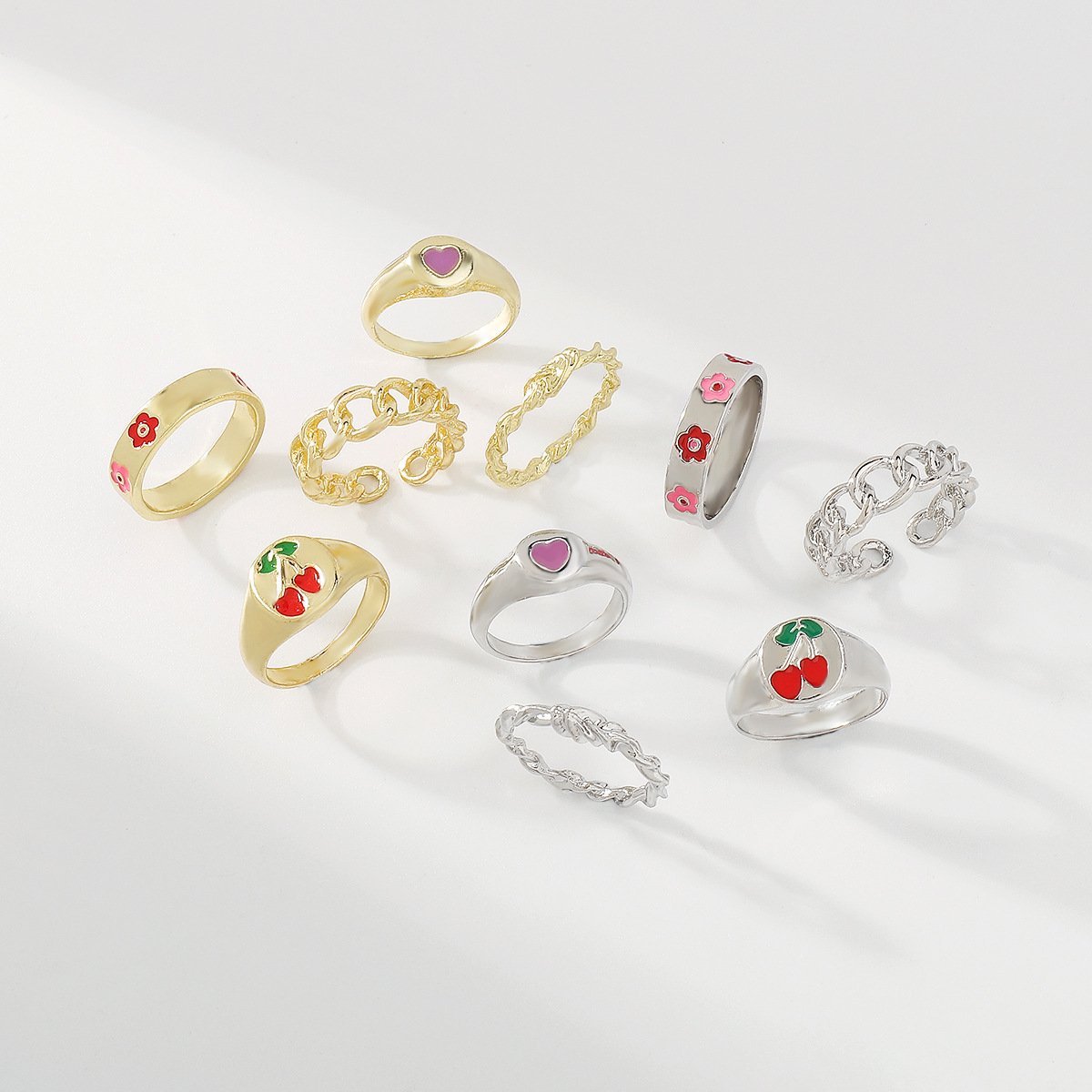 R79 Niche accessories drop oil love flower cherry ring exaggerated chain geometric ring female