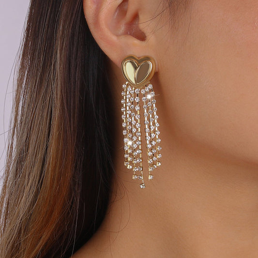 E144 Exaggerated Night Earrings Claw Chain Rhinestone Heart Light Luxury Earrings French Romantic Tassel Earrings