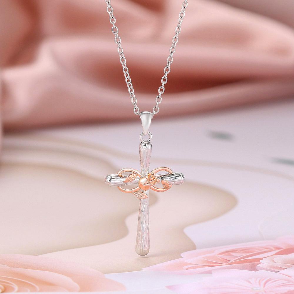 Women's Fashion Religious Belief Cross Rose Gold Flower Lucky Figure 8 Pendant Necklace