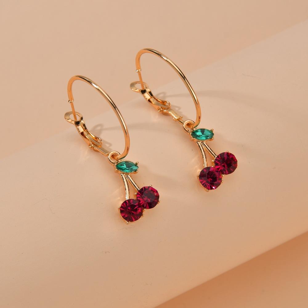 Fashion Cute Red Rhinestone Small Cherry Earrings Women Accessories