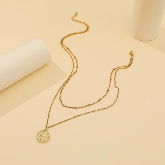 ins titanium steel jewelry portrait letter lettering coin pendant double layer stainless steel plated real gold necklace