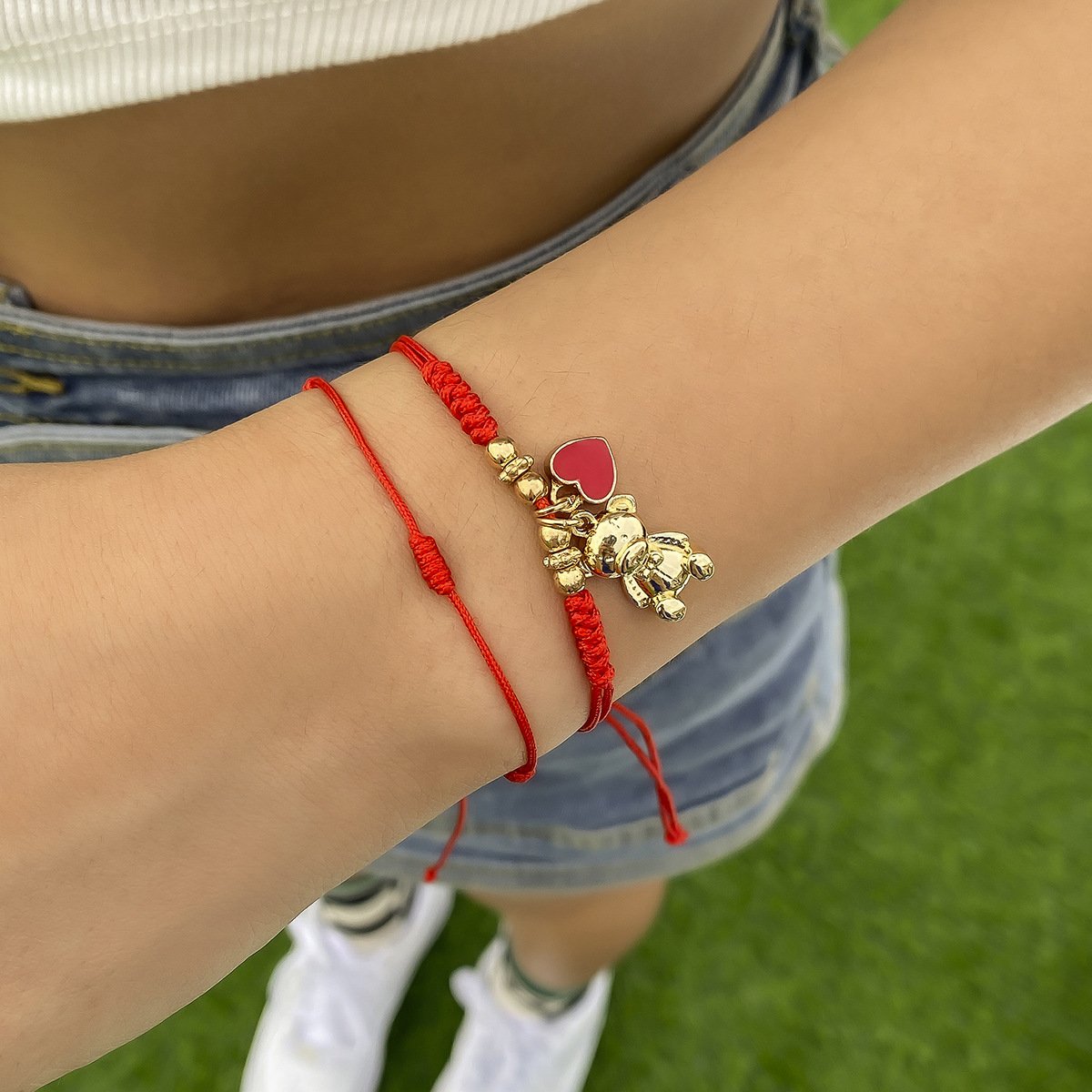 Jewelry simple winding adjustment red rope jewelry female creative braided bead heart-shaped bear bracelet