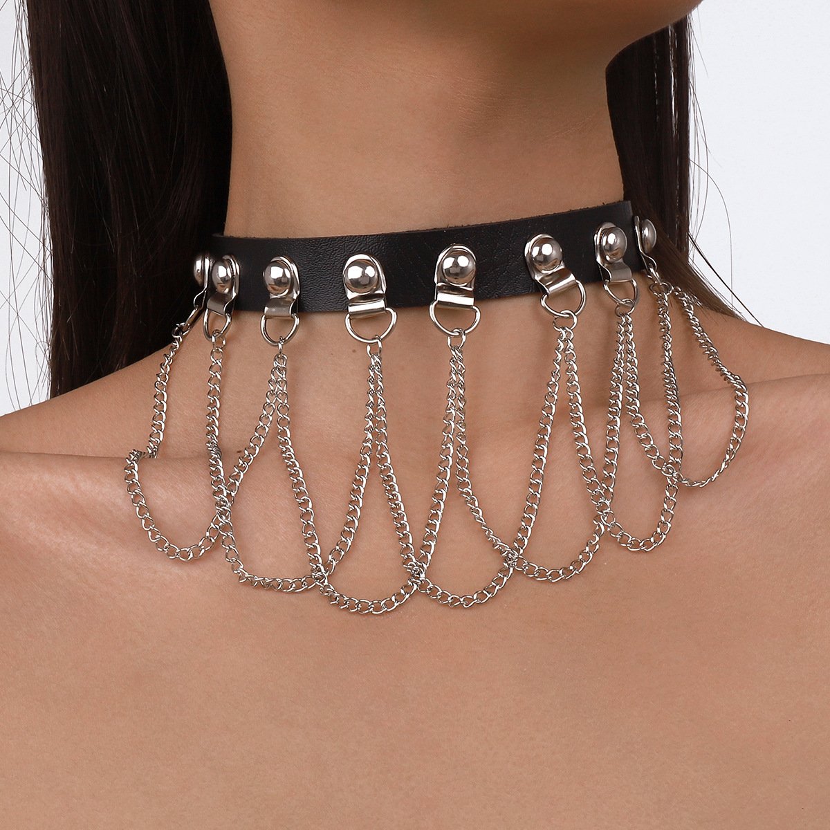 N1532 Gothic Exaggerated Dark Leather Collar Harajuku Chain Tassel Hip-Hop Night Necklace