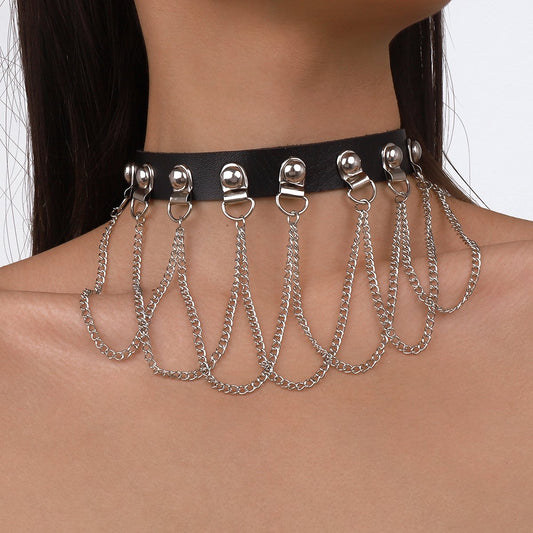 N1532 Gothic Exaggerated Dark Leather Collar Harajuku Chain Tassel Hip-Hop Night Necklace