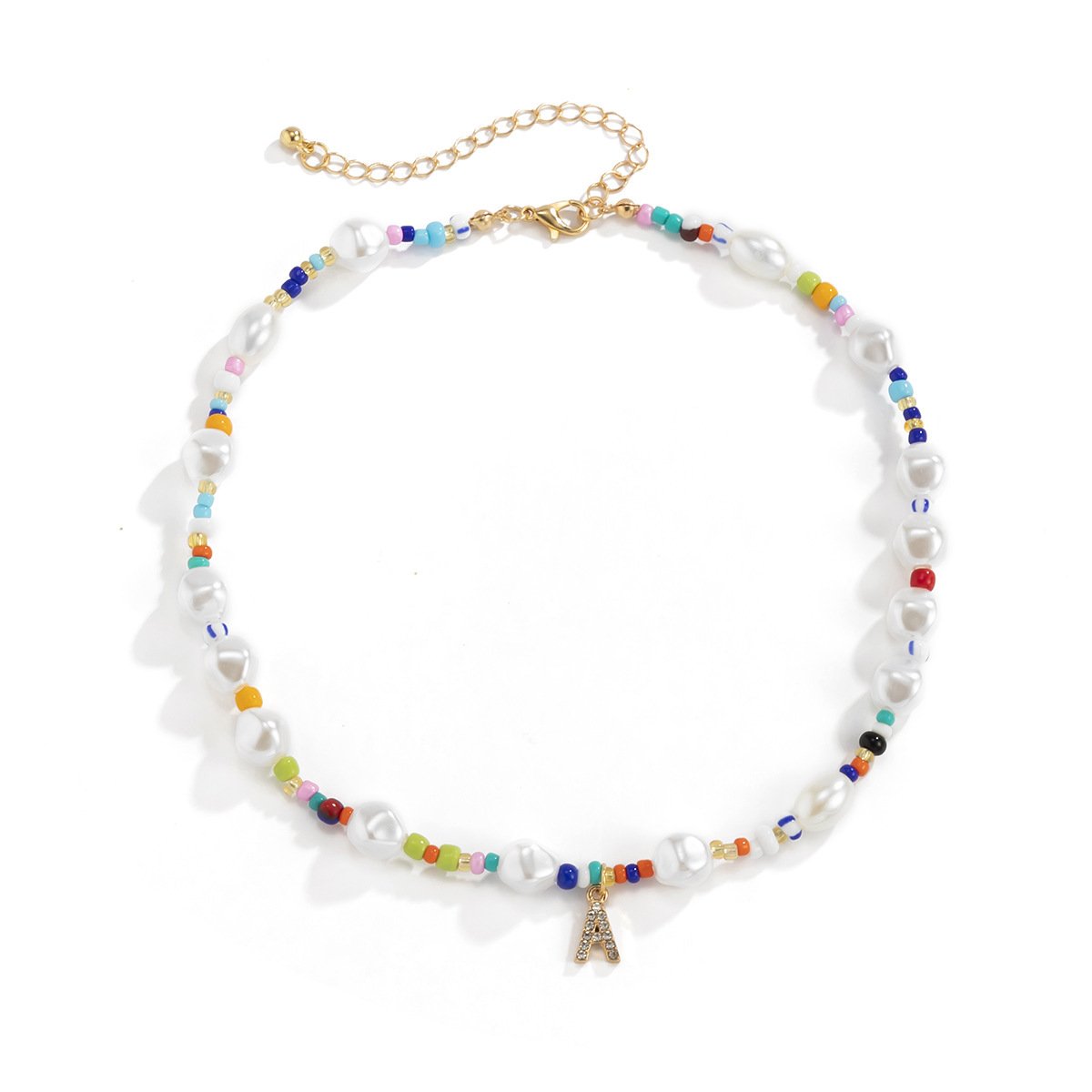 Jewelry simple retro imitation pearl rice bead necklace sweet cool diamond letter A pendant necklace