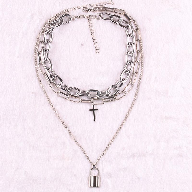 Exaggerated silver cross padlock alloy pendant multi-layer set chain hip-hop dark necklace