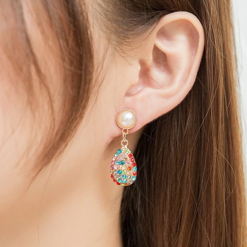 Retro Earrings Colorful Diamond Drop-shaped Pearl Stud Earrings Earrings Court Lady Temperament Earrings