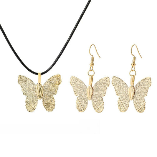 Creative Personality Gold-plated Butterfly Real Leaf Specimen Pendant Earrings Clavicle Necklace Set