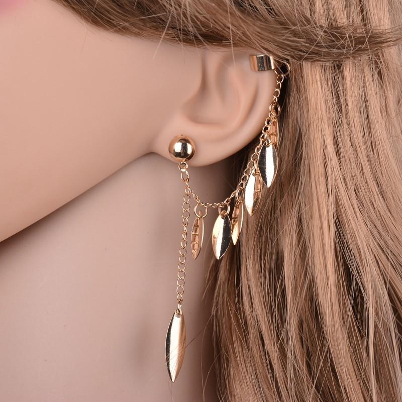 Gold-plated Tassel Leaf Clip Earrings for Women