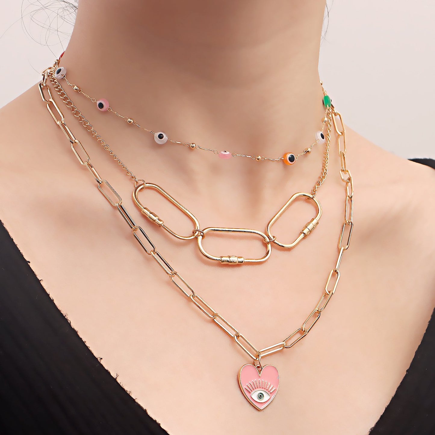 Jewelry trendy multi-layer colorful devil's eye pink love eye pendant necklace female