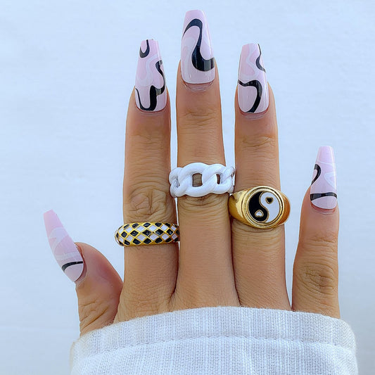 Retro drop oil Tai Chi checkerboard ring female geometric hollow opening chain index finger ring ring